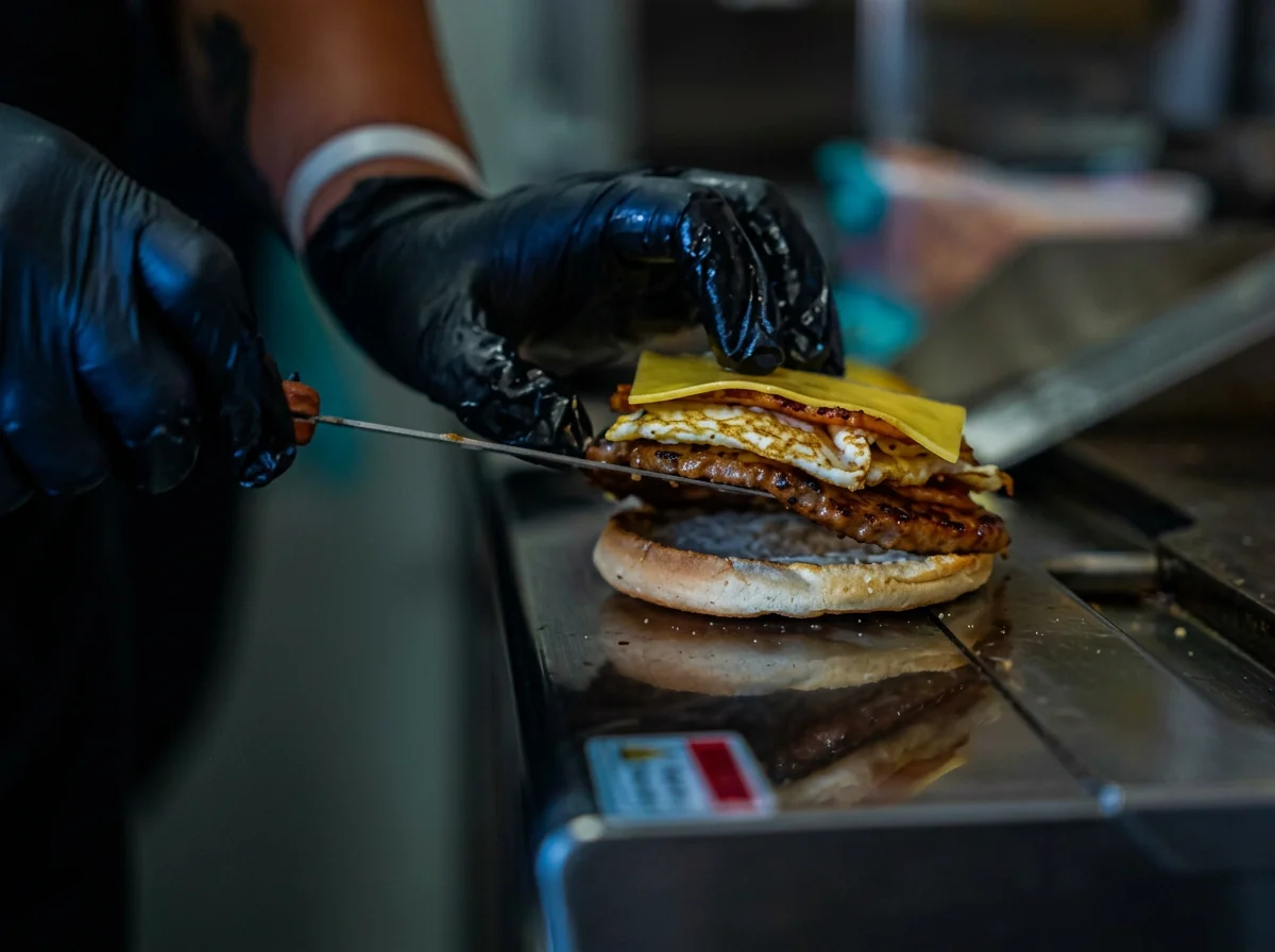 Chef placing a slice on the cheeseburger