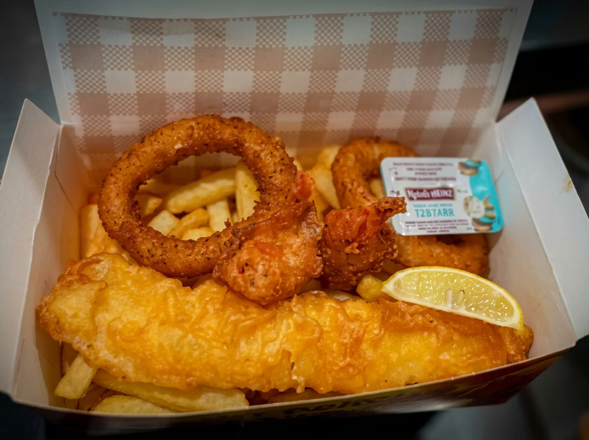 Fish, chips, and crispy battered rings