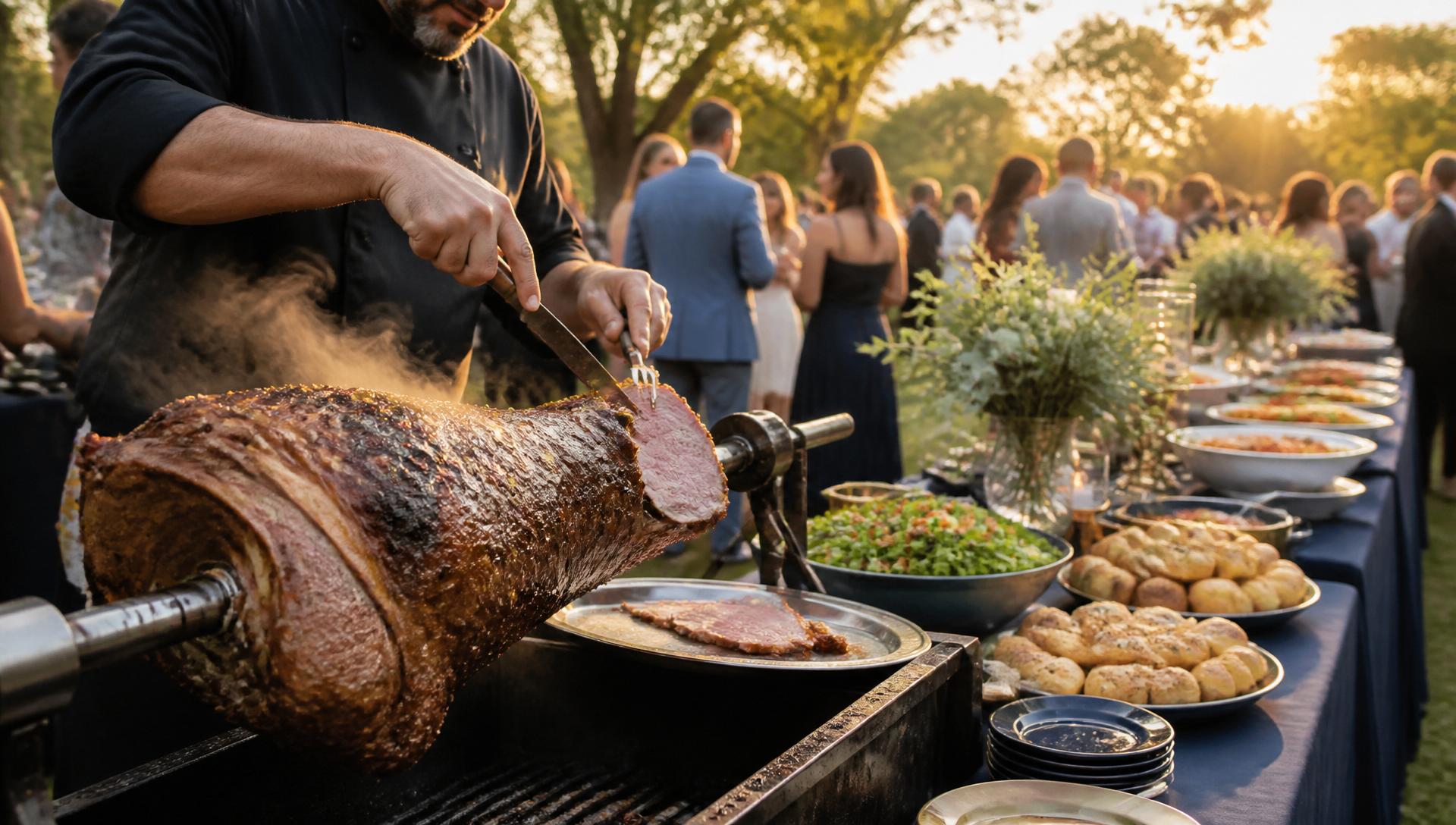 Chef carving slow-roasted spit roast meat at an outdoor catering event buffet